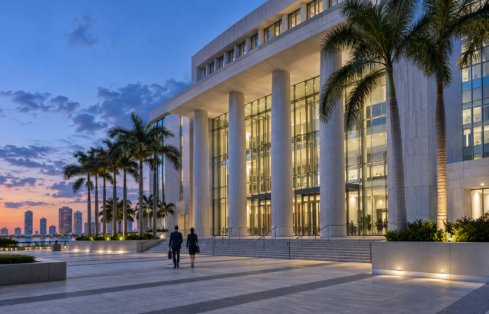 Federal Defense Preparation in Fort Lauderdale Modern federal courthouse exterior in South Florida at blue hour