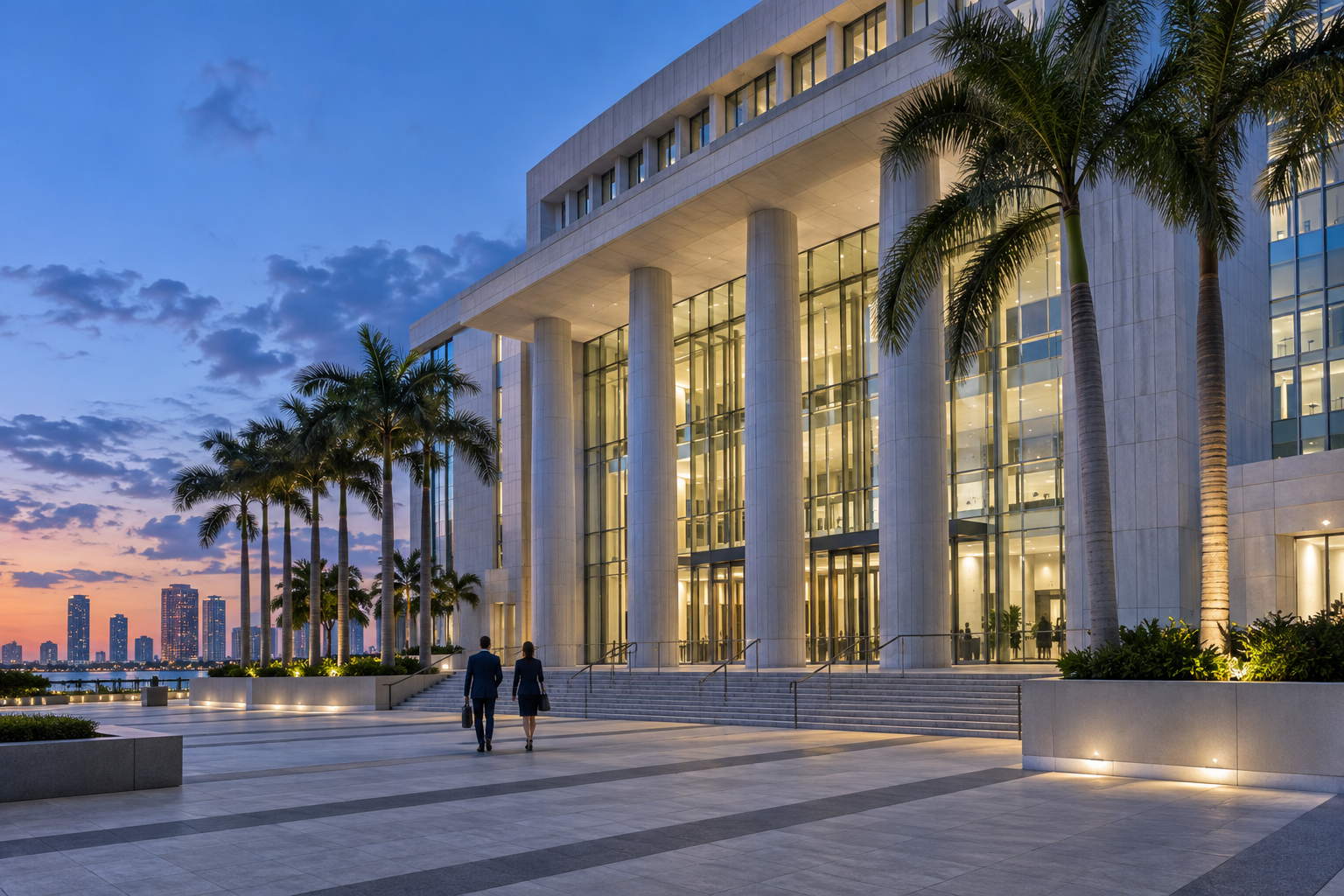 Modern federal courthouse exterior in South Florida at blue hour