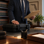 Anonymous legal advocate reviewing a securely stored evidence case in a modern office
