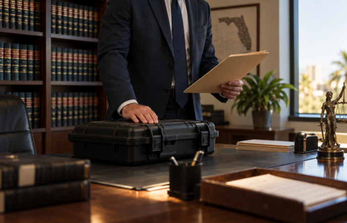 Florida Firearms Law Information Anonymous legal advocate reviewing a securely stored evidence case in a modern office
