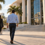 Preparing for a Broward VOP Hearing Anonymous client and attorney approaching a Broward courthouse before a probation violation hearing