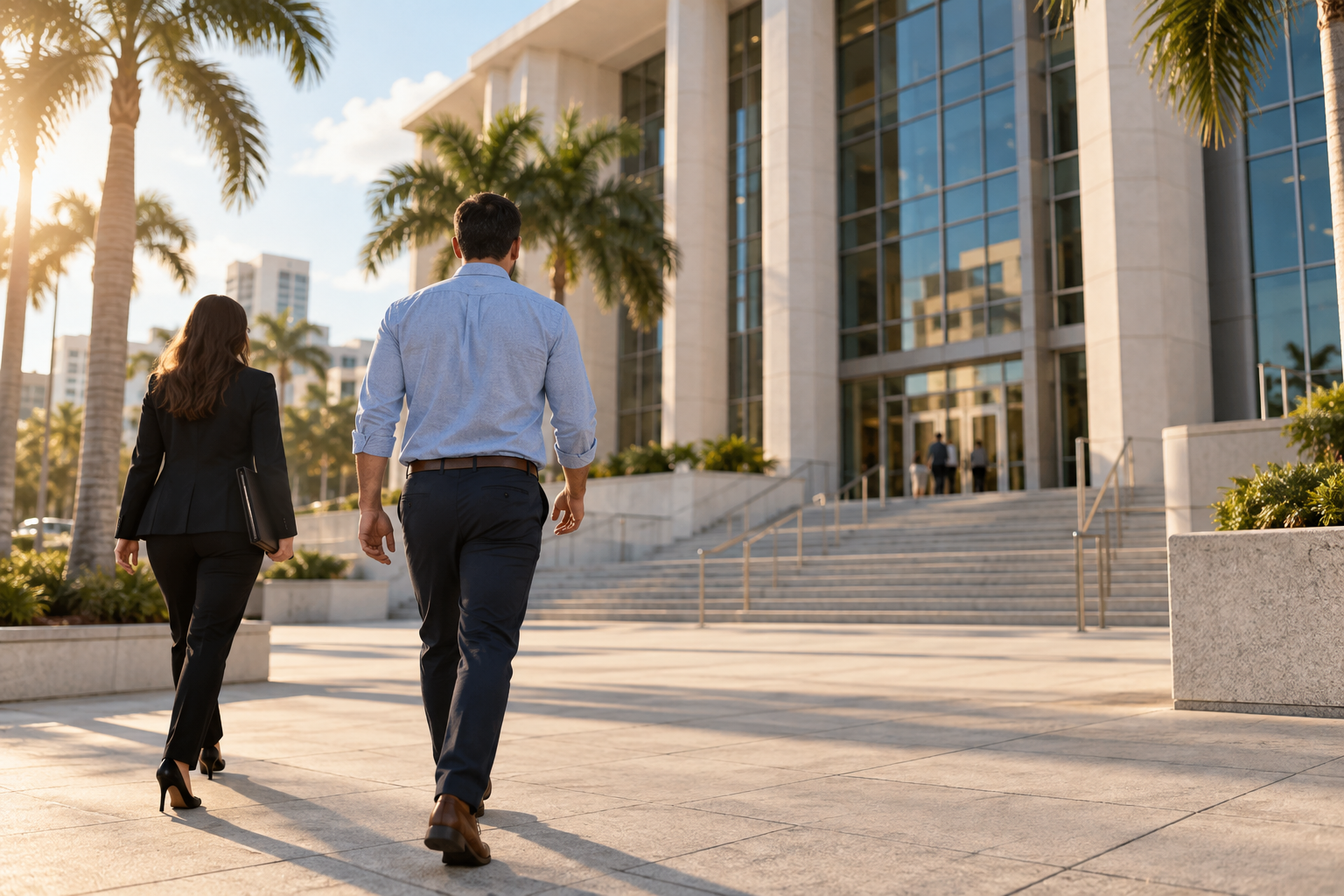 Anonymous client and attorney approaching a Broward courthouse before a probation violation hearing