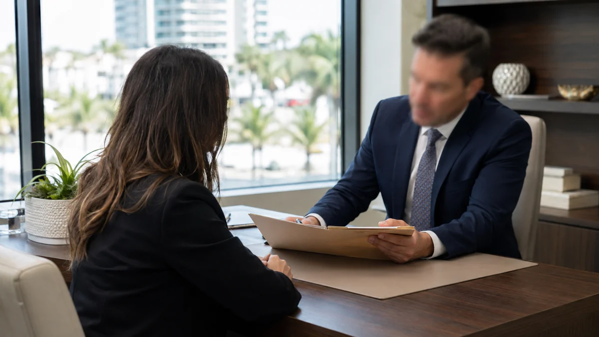 Attorney and adult client discussing a pre-arrest investigation in a private consultation