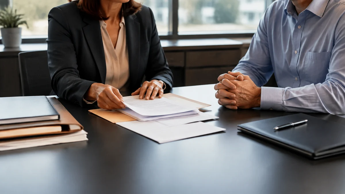 Attorney organizing subpoena and investigation documents with an adult client