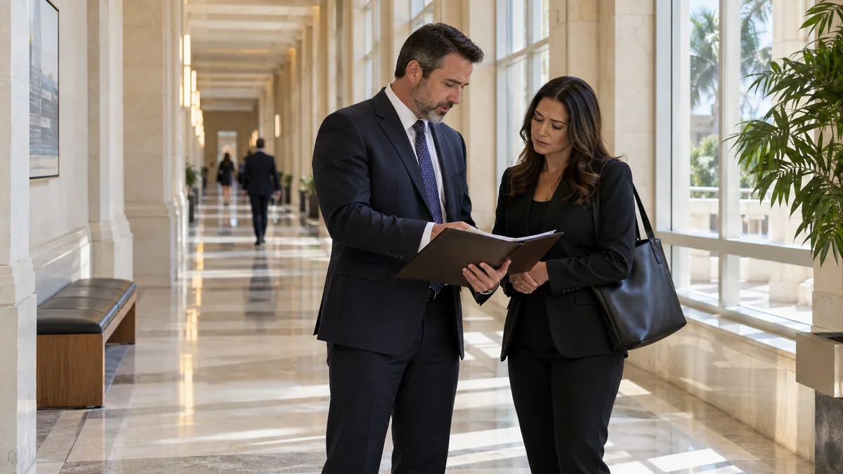 Attorney and adult client discussing a court date in a courthouse hallway