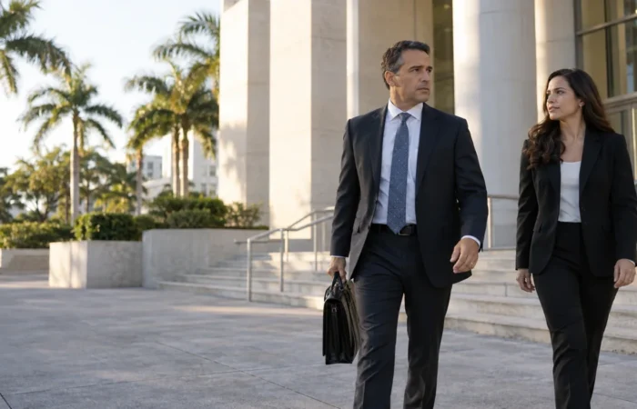 Probation Violation Warrant Broward County Courthouse Attorney and adult client arriving at a South Florida courthouse for a probation violation matter