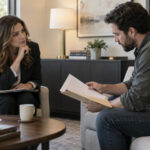 Attorney listening to an adult client during a private domestic violence case consultation