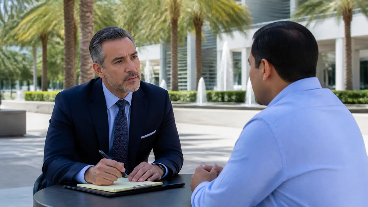 Adult client speaking with a criminal defense attorney in a Sunrise civic setting