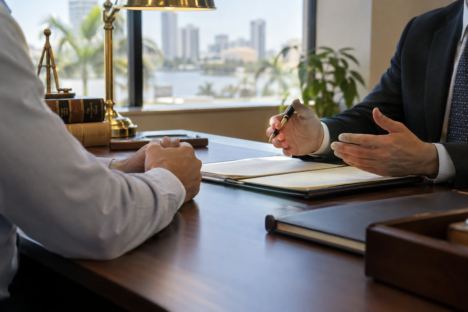 Attorney and adult client reviewing case paperwork during a private legal consultation