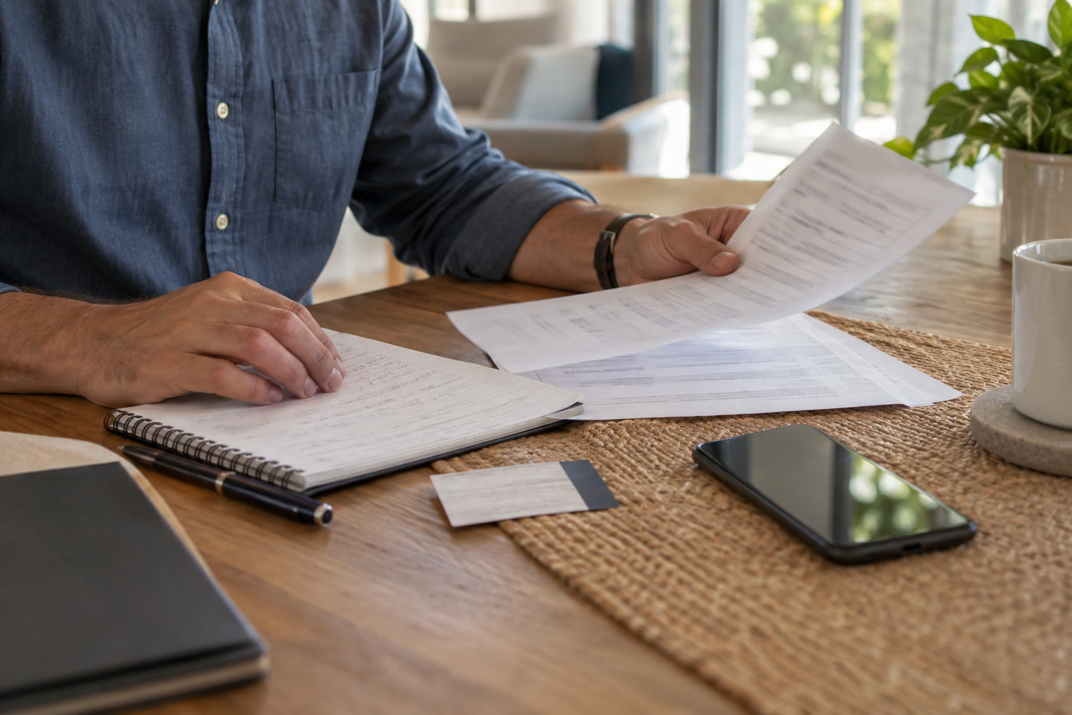 Adult organizing documents and notes before speaking with a lawyer