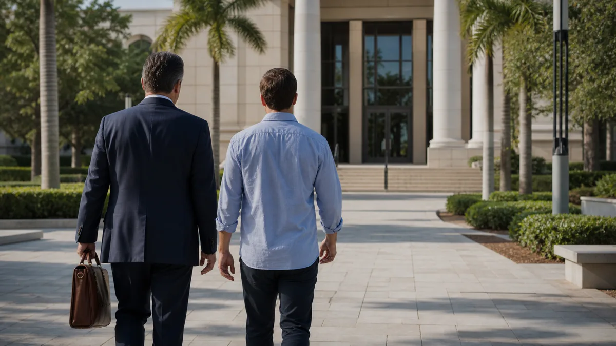Defense attorney and adult client approaching a Weston courthouse