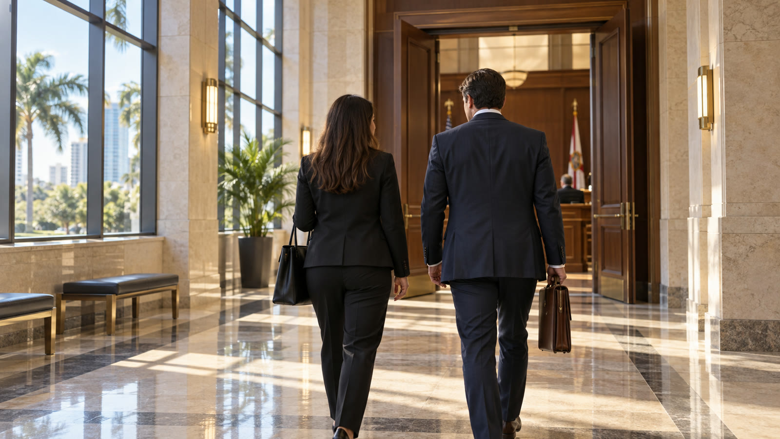 Attorney and adult client walking toward a Broward County courtroom