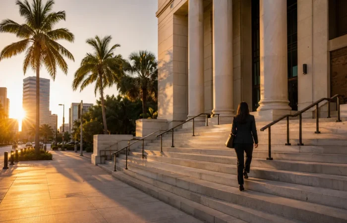 Attorney walking toward a South Florida courthouse for a criminal case