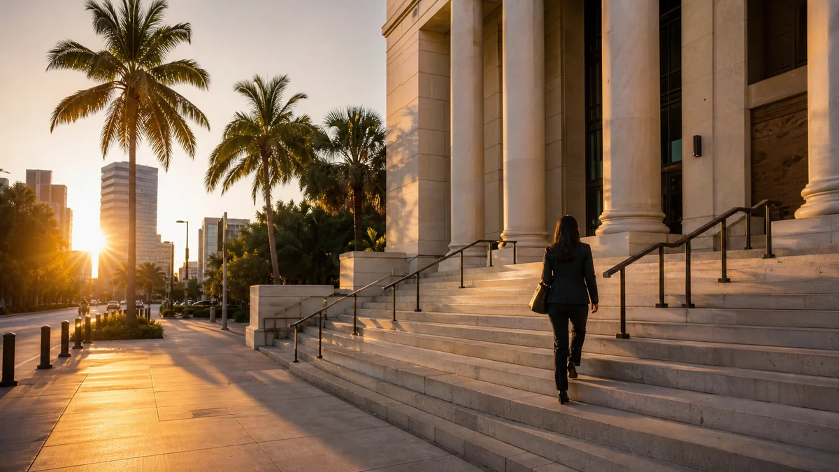 Attorney walking toward a South Florida courthouse for a criminal case