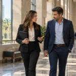 A defense attorney and client walking through a courthouse corridor