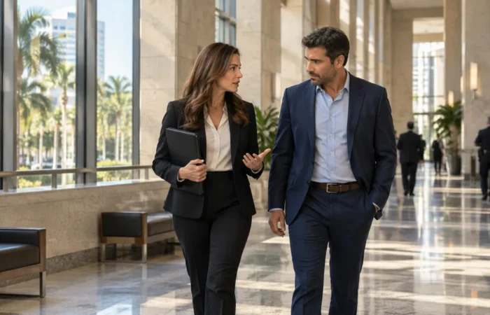 Attorney and Client Discussing a Criminal Case A defense attorney and client walking through a courthouse corridor