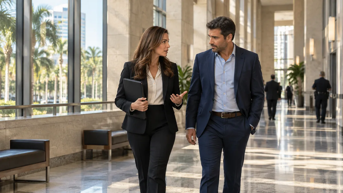 A defense attorney and client walking through a courthouse corridor