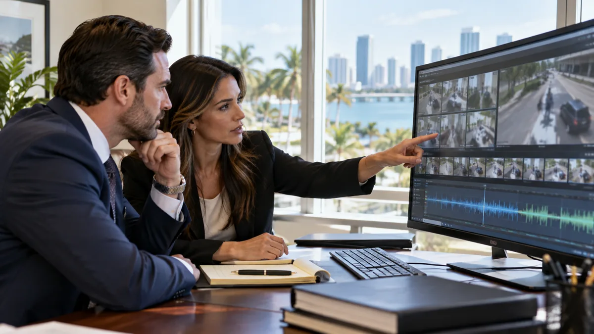 A defense attorney and digital-evidence specialist review video with a client
