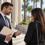 A defense attorney speaks with a client outside a South Florida courthouse