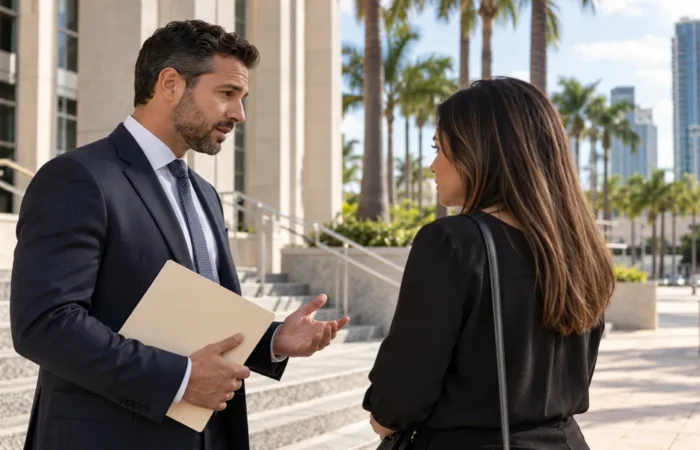 A defense attorney speaks with a client outside a South Florida courthouse