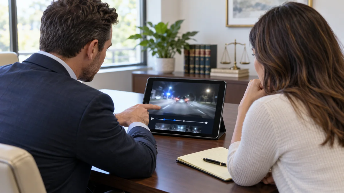 An attorney and client review blurred roadway footage on a tablet
