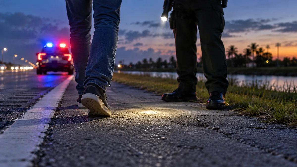 An officer demonstrates a roadside balance exercise near a South Florida road