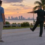 An officer demonstrates a balance exercise beside a vehicle on a South Florida road at dusk