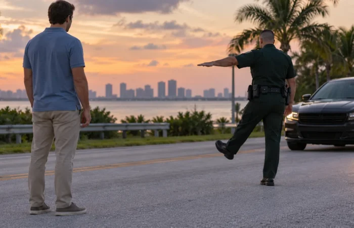 Roadside Field Sobriety Exercise in South Florida An officer demonstrates a balance exercise beside a vehicle on a South Florida road at dusk