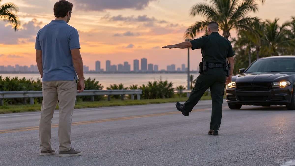 An officer demonstrates a balance exercise beside a vehicle on a South Florida road at dusk