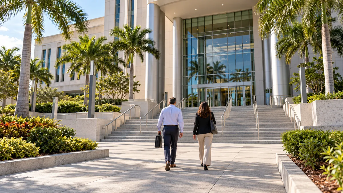 Two adults walking toward a modern South Florida courthouse