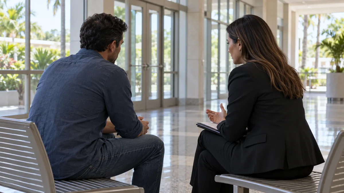 A lawyer listens to an adult client in a bright public-building corridor