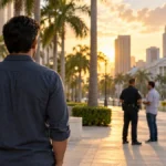 An adult watches a calm conversation between an officer and another person in a South Florida civic plaza