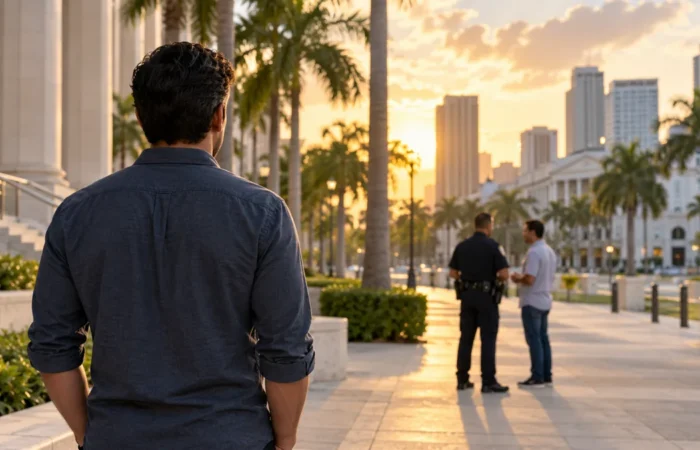 An adult watches a calm conversation between an officer and another person in a South Florida civic plaza