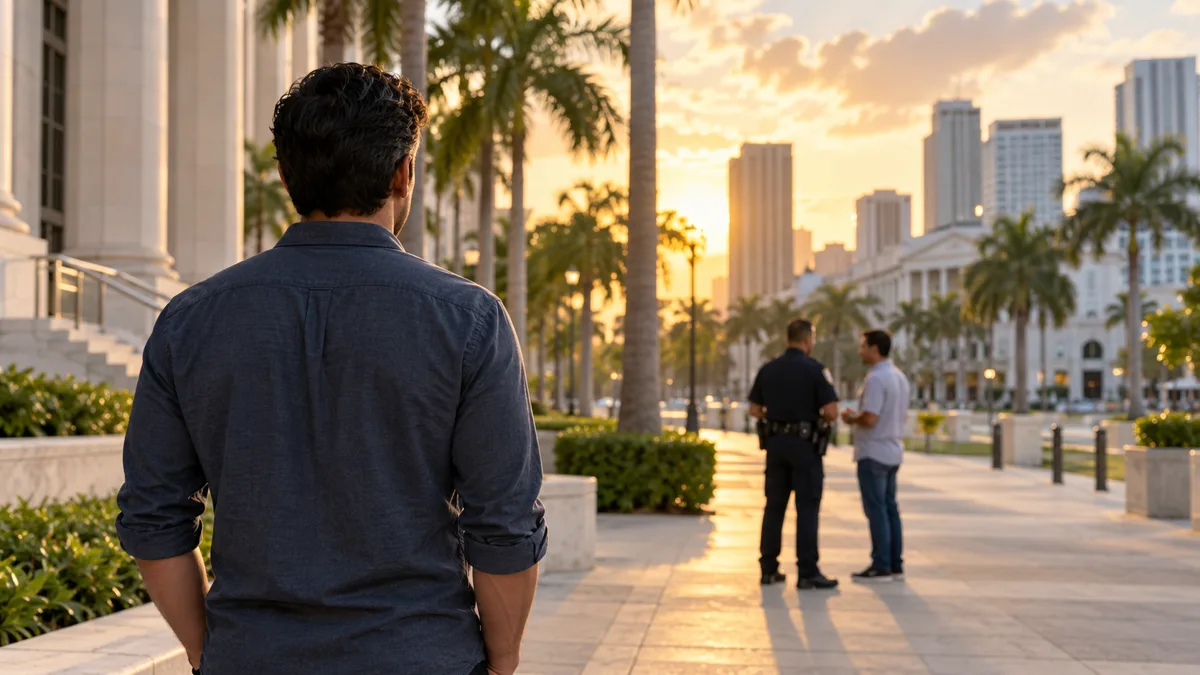 An adult watches a calm conversation between an officer and another person in a South Florida civic plaza