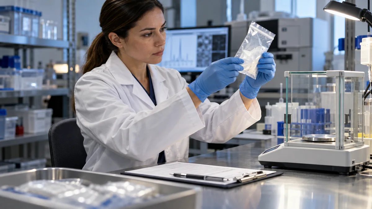 Forensic review of evidence and weight A forensic chemist examines a sealed evidence pouch beside a precision scale